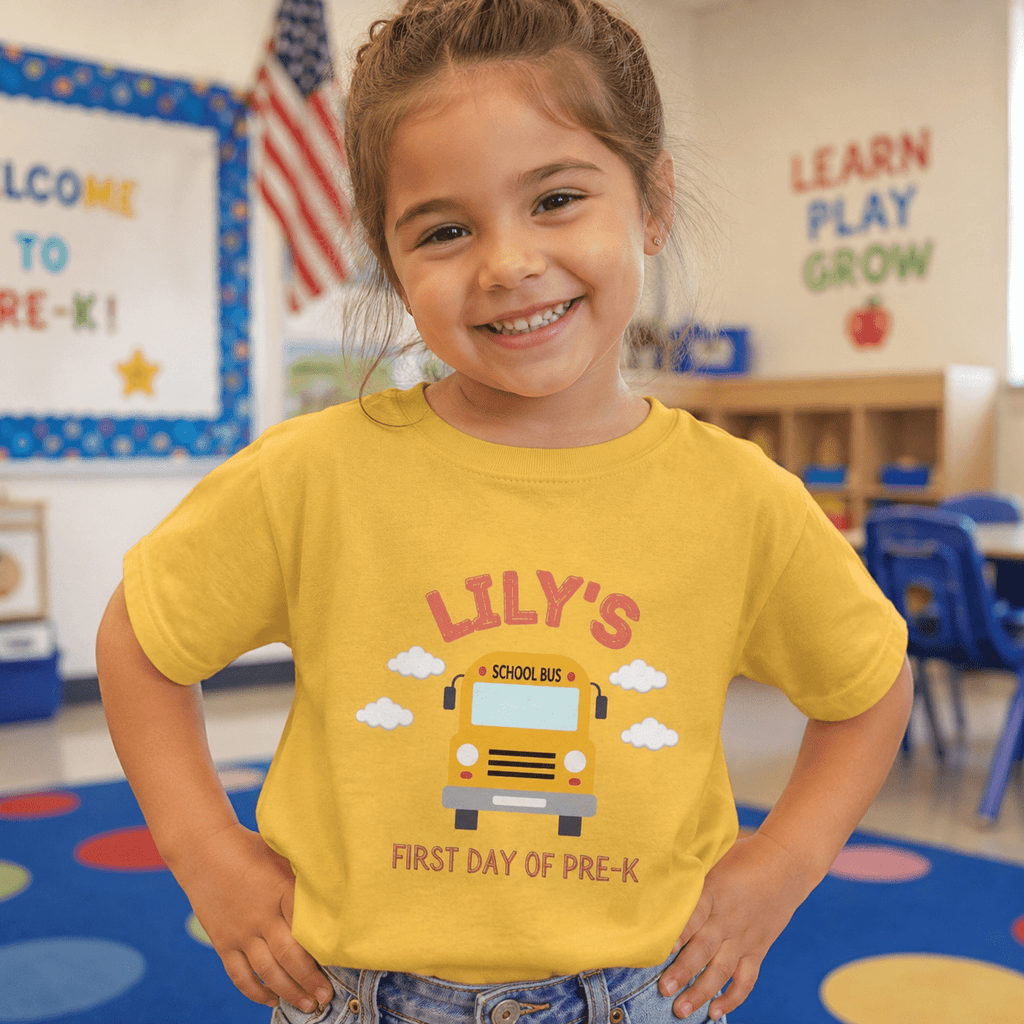 Personalized First Day of Pre-K Shirt – Custom Name School Bus Tee custom personalized gift - AURIA CUSTOM PRINTS
