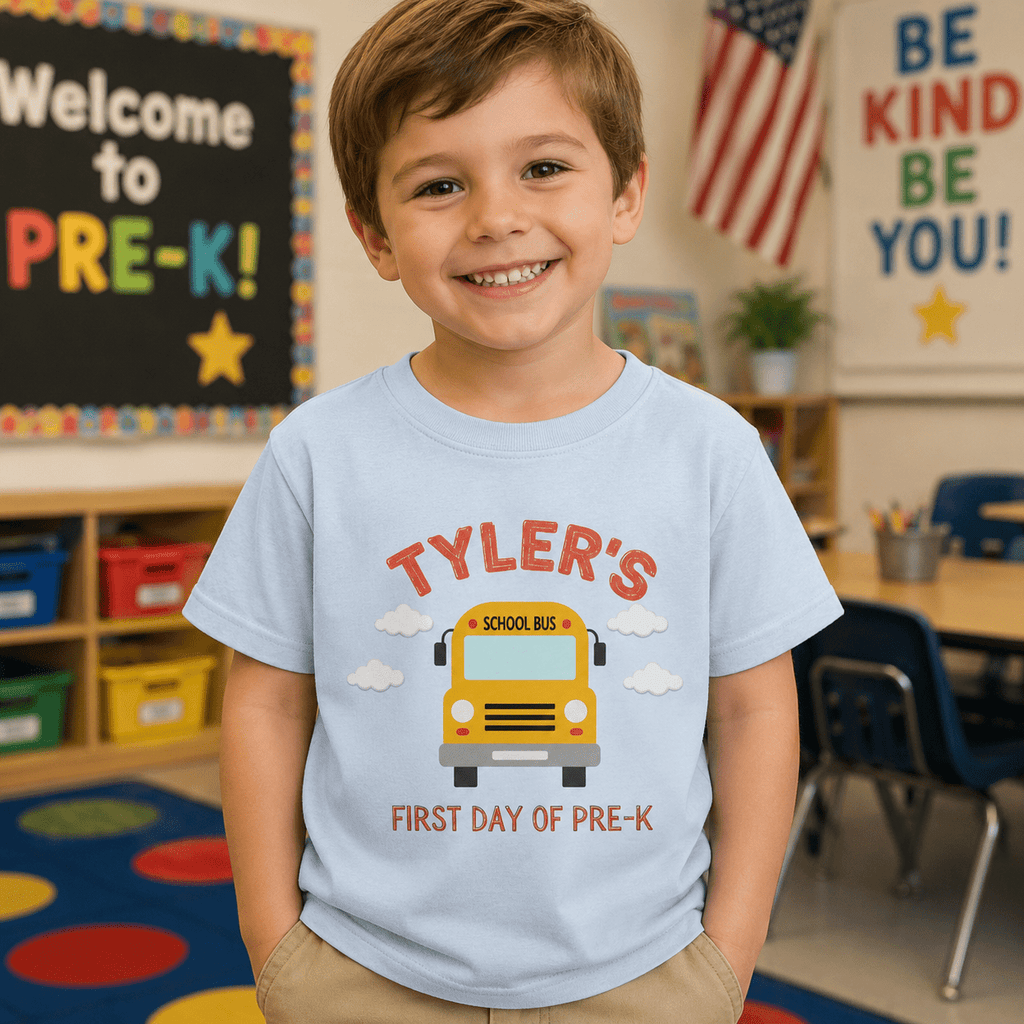 Personalized First Day of Pre-K Shirt – Custom Name School Bus Tee custom personalized gift - AURIA CUSTOM PRINTS