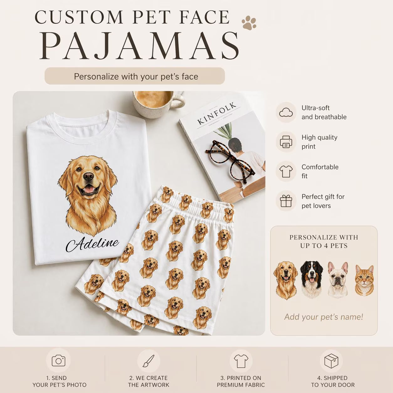 Custom pet face pajamas with a dog design on a light background