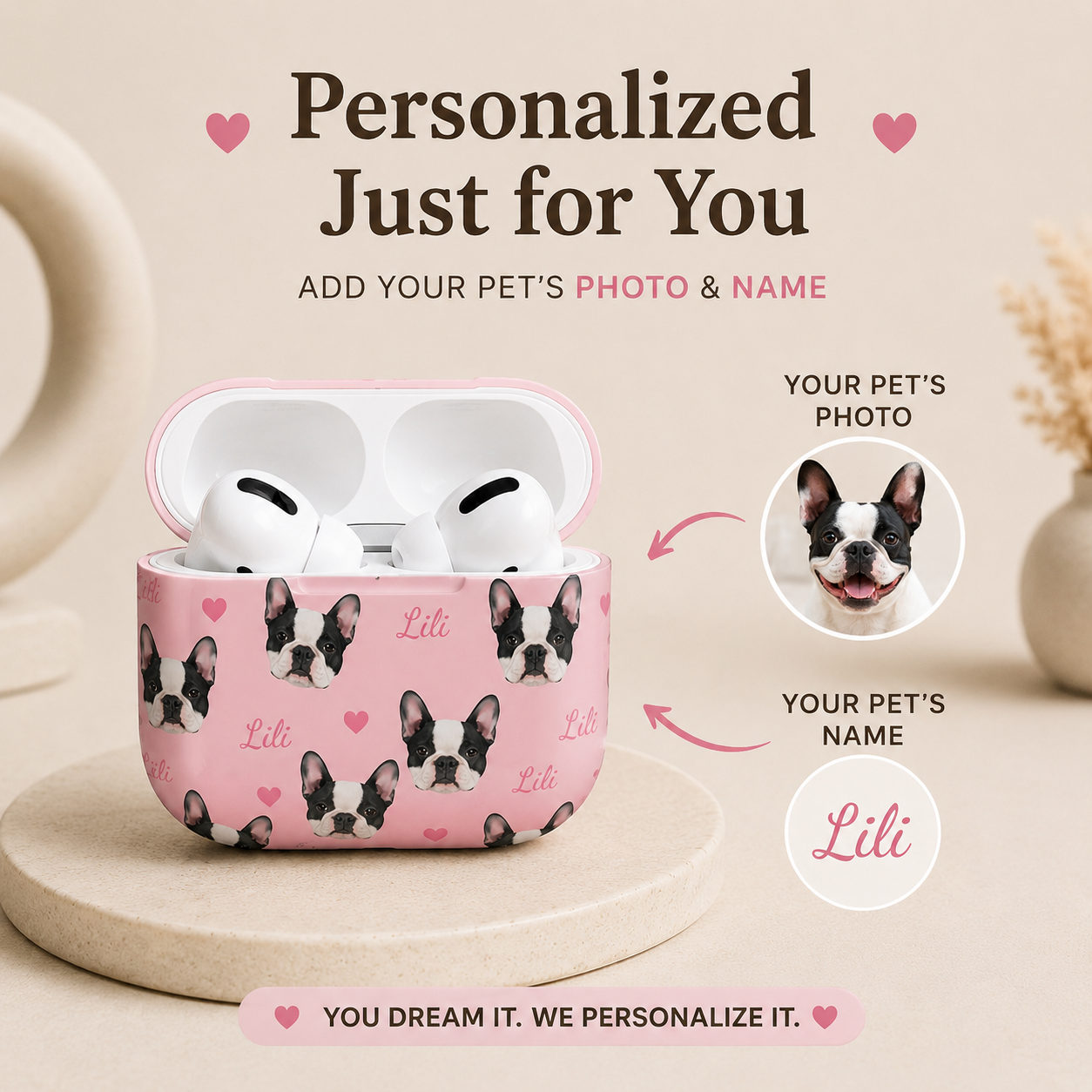 Pink wireless earbuds case with dog pattern and customizable features on a beige background