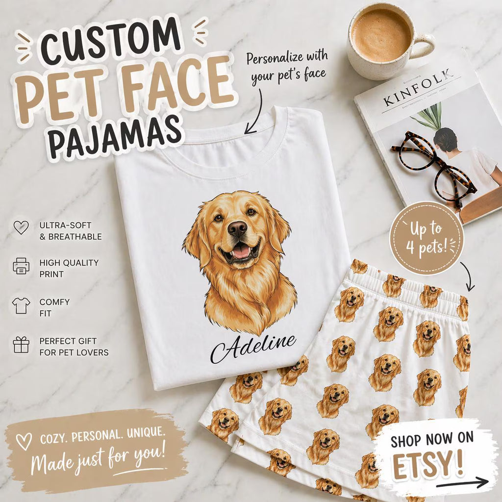 Custom pet face pajamas with a Golden Retriever design on a marble surface with a cup of coffee and book.