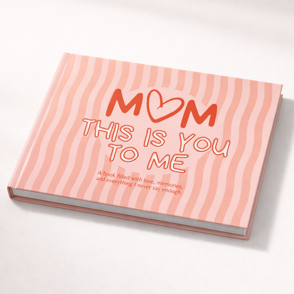 Pink striped book titled 'Mom, This is You to Me' on a white background