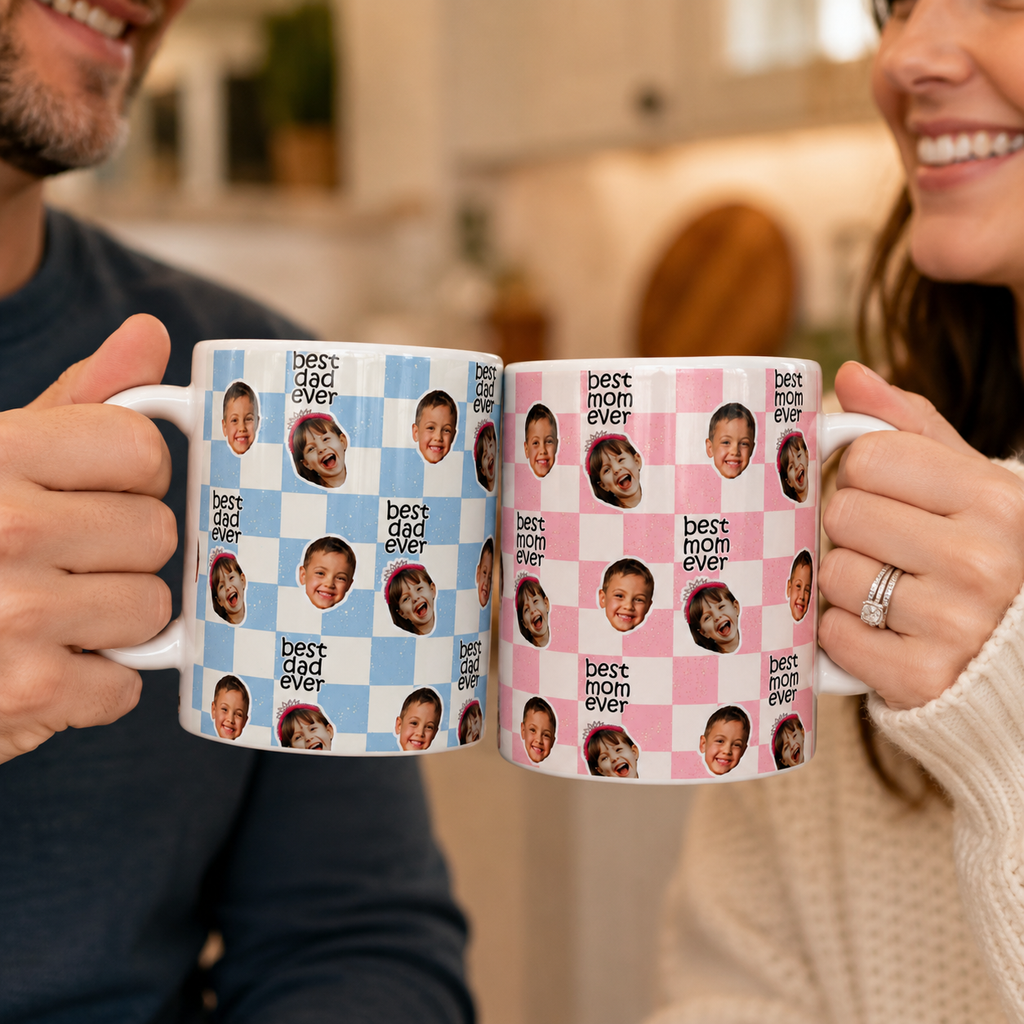 Two people holding personalized mugs with children's faces and text.
