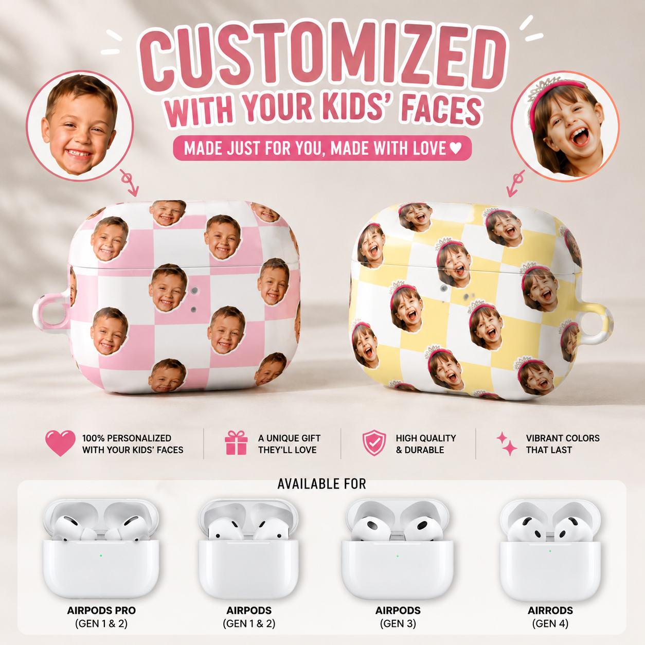 Two checkered products with children's faces, AirPods cases, on a light background.