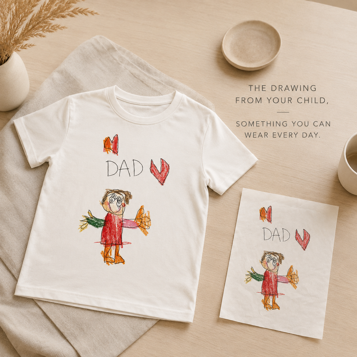 White t-shirt with a child's drawing of a bear labeled 'DAD' on a wooden surface.