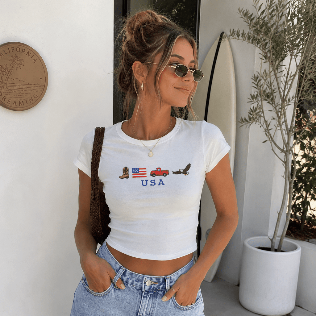 USA Americana Baby Tee | Patriotic Crop Top | 4th of July Women Shirt | USA Icons Tee S-5XL custom personalized gift - AURIA CUSTOM PRINTS