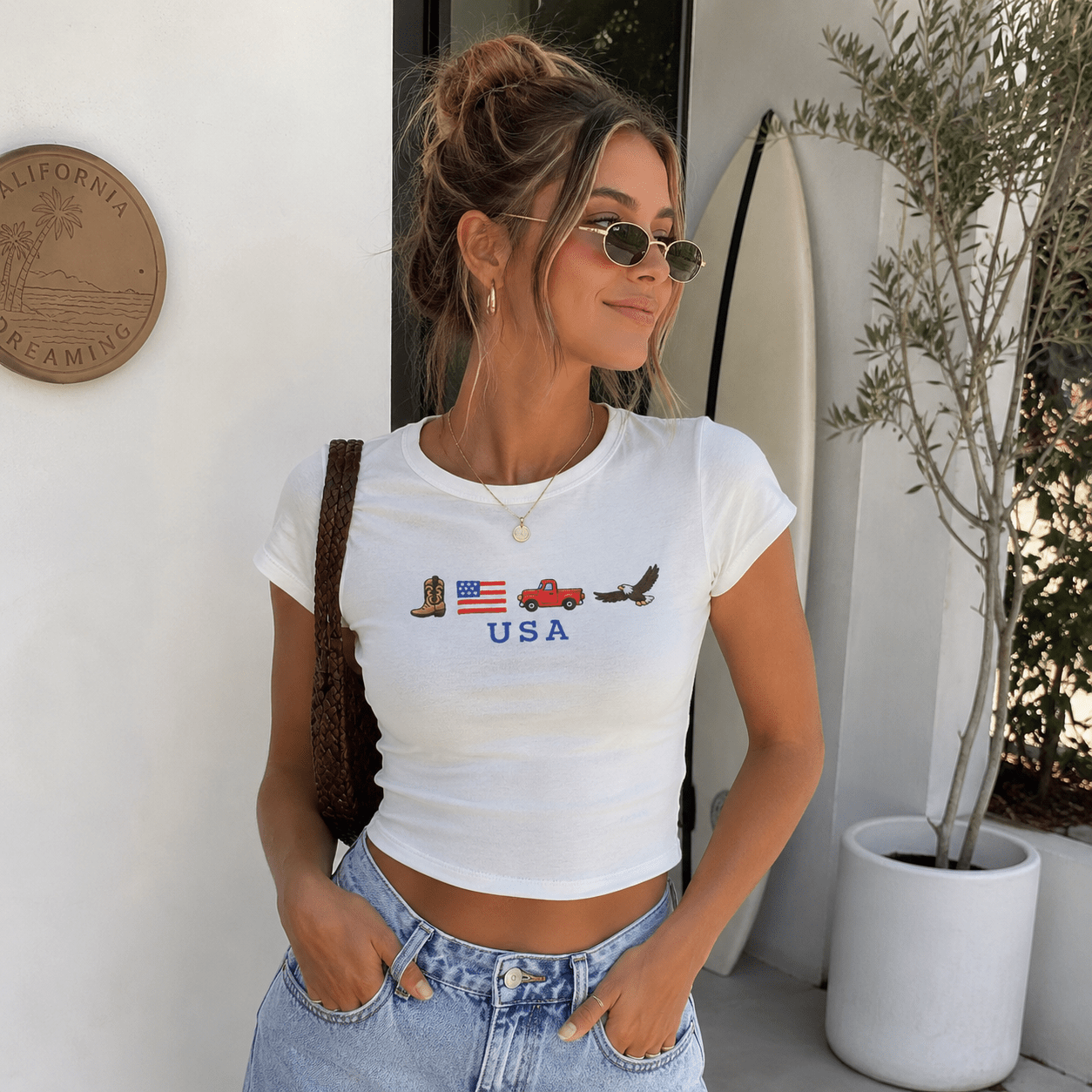 USA Americana Baby Tee | Patriotic Crop Top | 4th of July Women Shirt | USA Icons Tee S-5XL custom personalized gift - AURIA CUSTOM PRINTS
