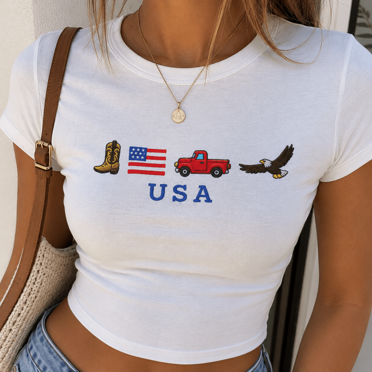 USA Americana Baby Tee | Patriotic Crop Top | 4th of July Women Shirt | USA Icons Tee S-5XL custom personalized gift - AURIA CUSTOM PRINTS