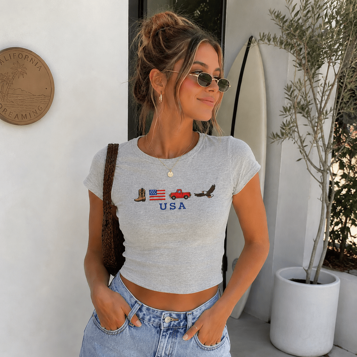 USA Americana Baby Tee | Patriotic Crop Top | 4th of July Women Shirt | USA Icons Tee S-5XL custom personalized gift - AURIA CUSTOM PRINTS