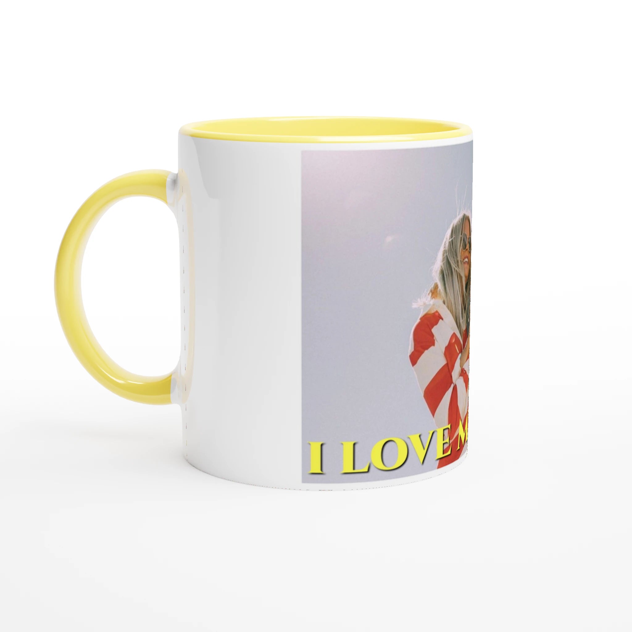 Close-up of the colored rim and glossy finish, showing the vibrant quality of the custom print.