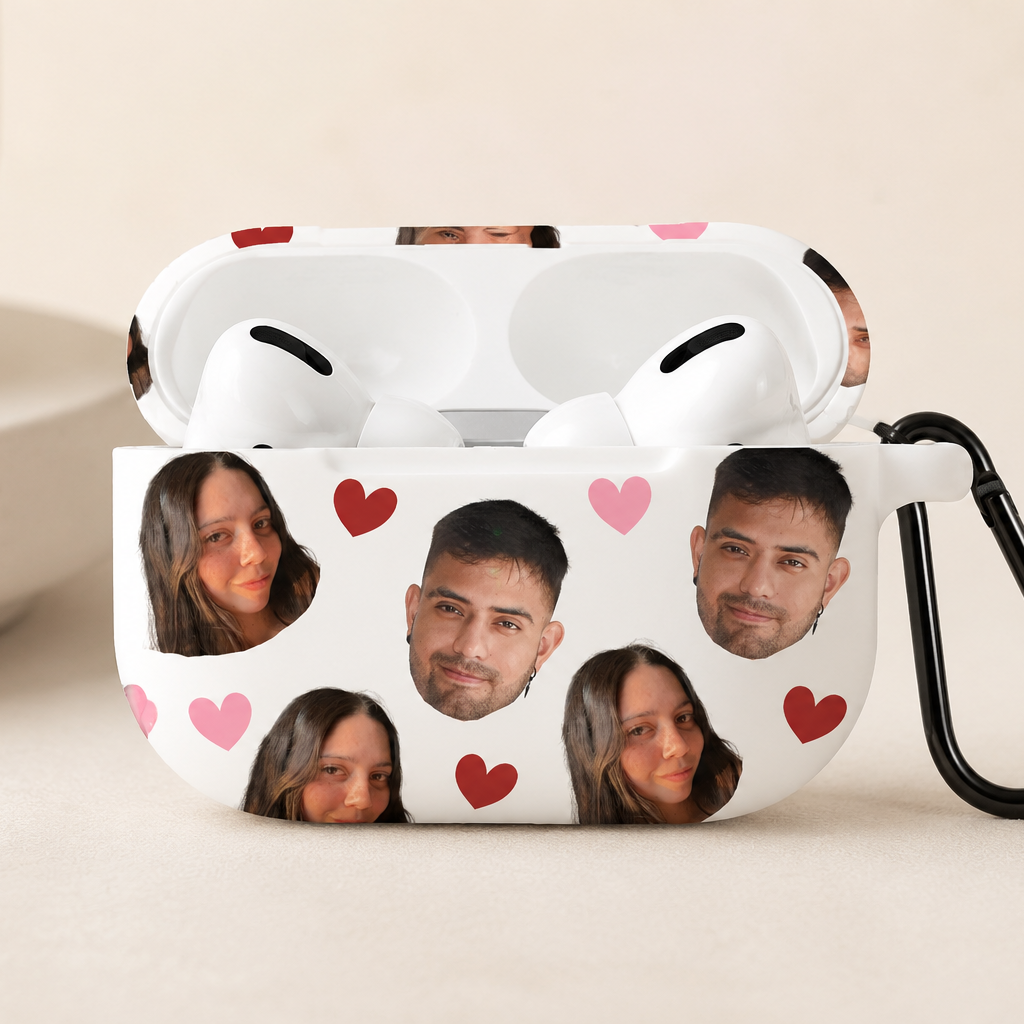 AirPods case with personalized face prints and heart designs on a beige background