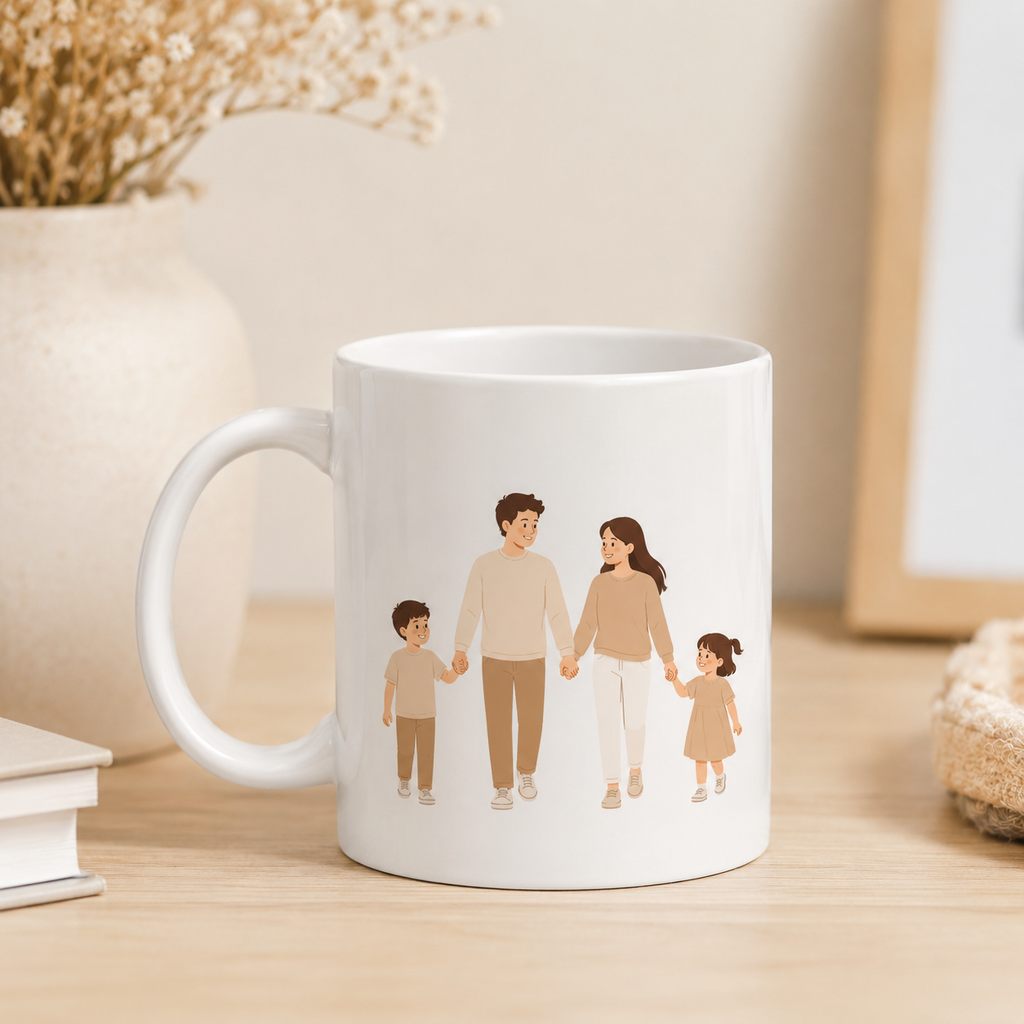 Custom white mug with a family illustration on a wooden surface