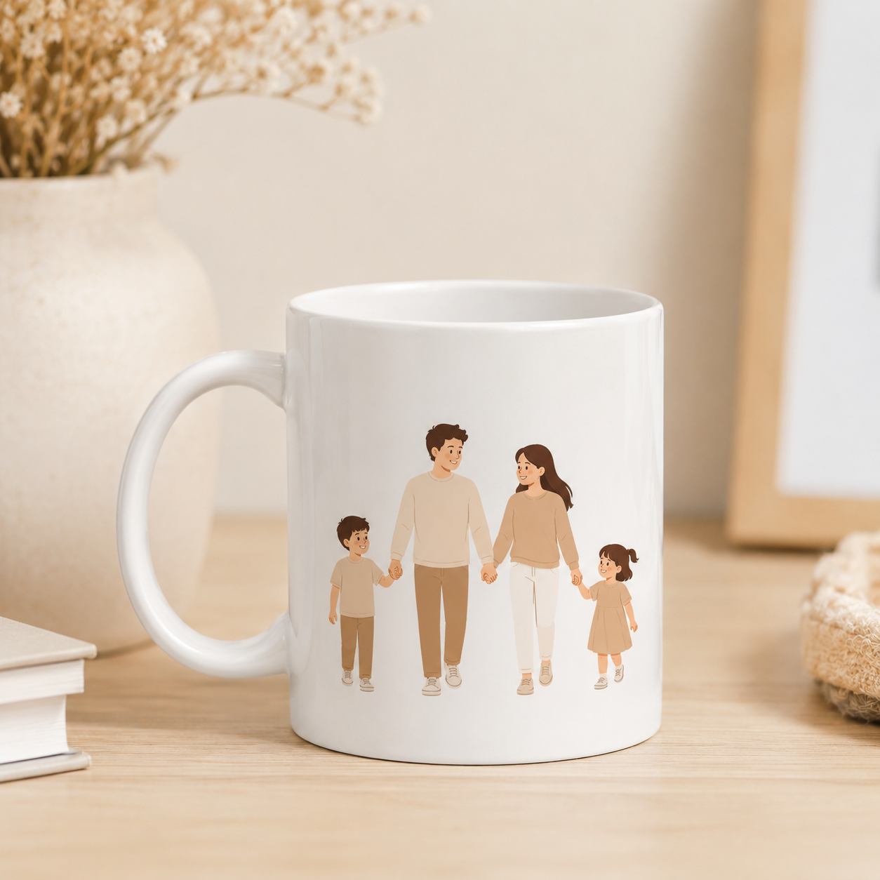 Custom white mug with a family illustration on a wooden surface